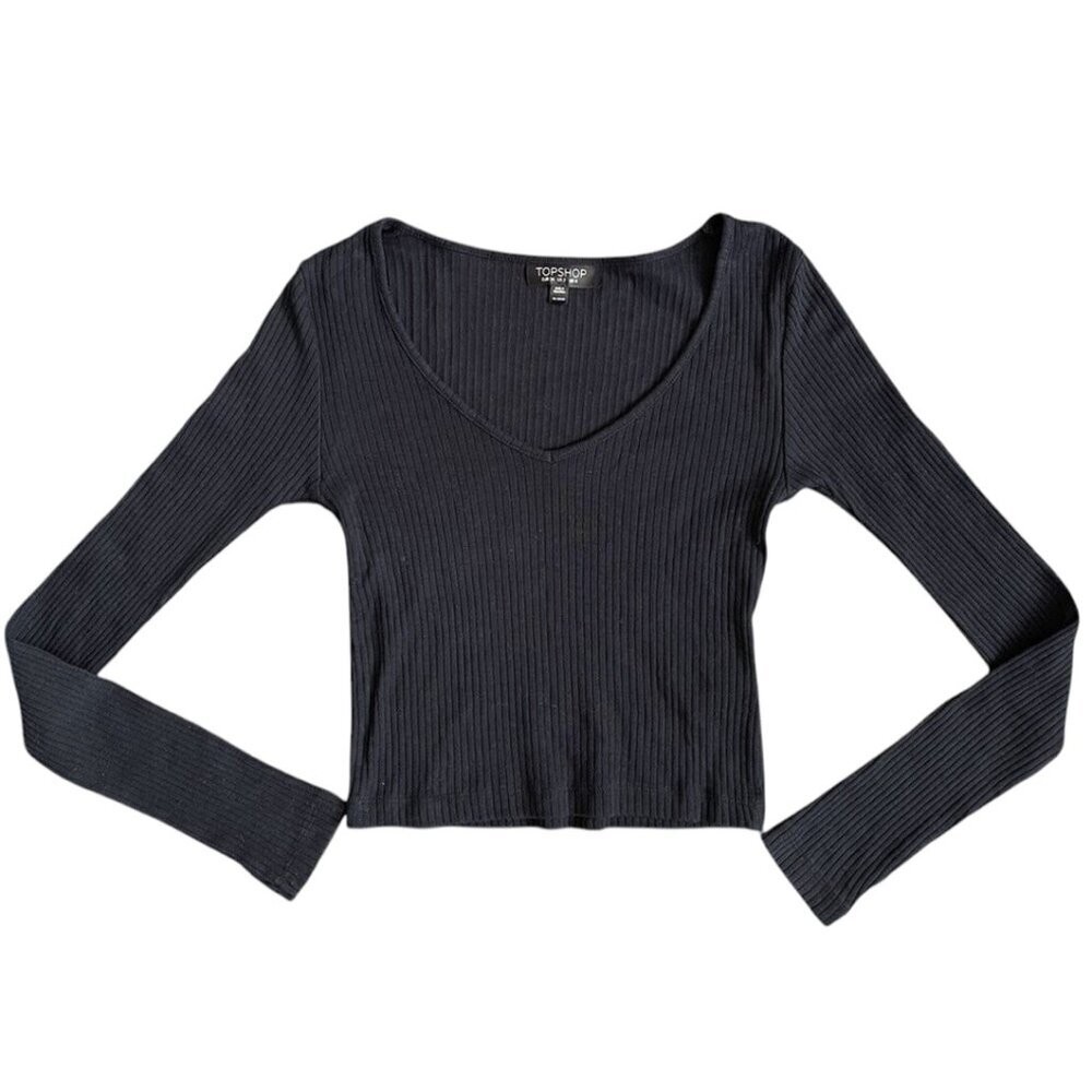 Topshop | EUC Ribbed Knit V Neck Long Sleeve Pullover Top Black Size 0